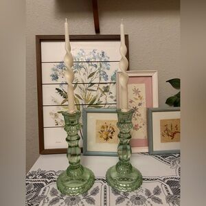 *EUC* Retro Heavy Glass Candle Holders - Soft Clear Green